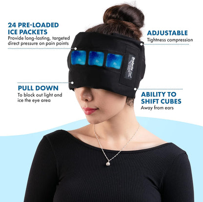 Halo - Migraine Relief Cap Long Lasting Cooling Ice Pack Mask - Cold Compress Head Wrap for Tension, Stress & Hangover Natural Cooling Therapy